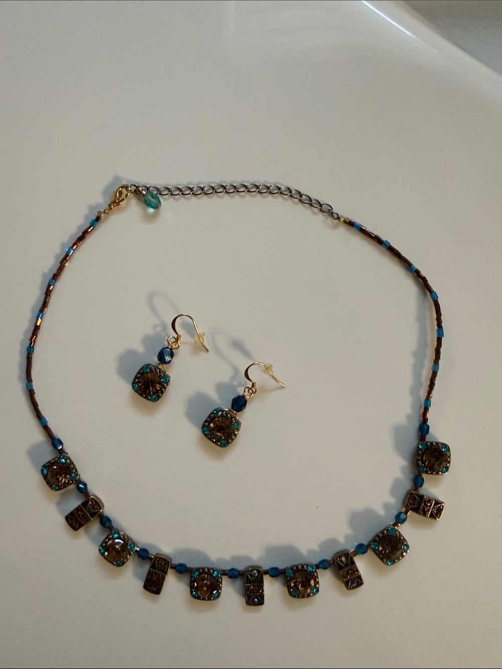 Gold-Tone Blue Bead and Crystal Square Necklace with Matching Earrings